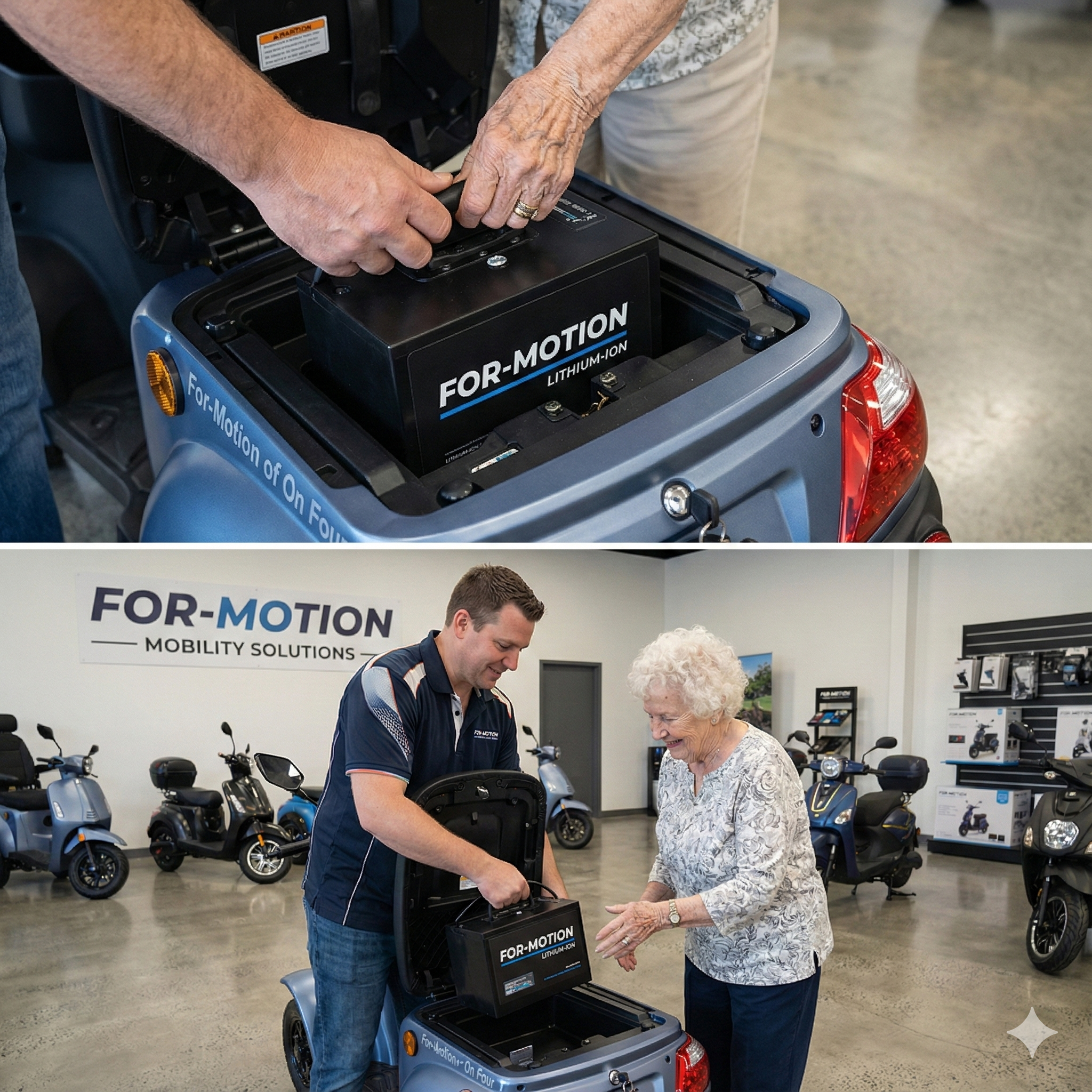 Close-up van een moderne scootmobiel accu met oplaadkabel en digitale statusindicatie.